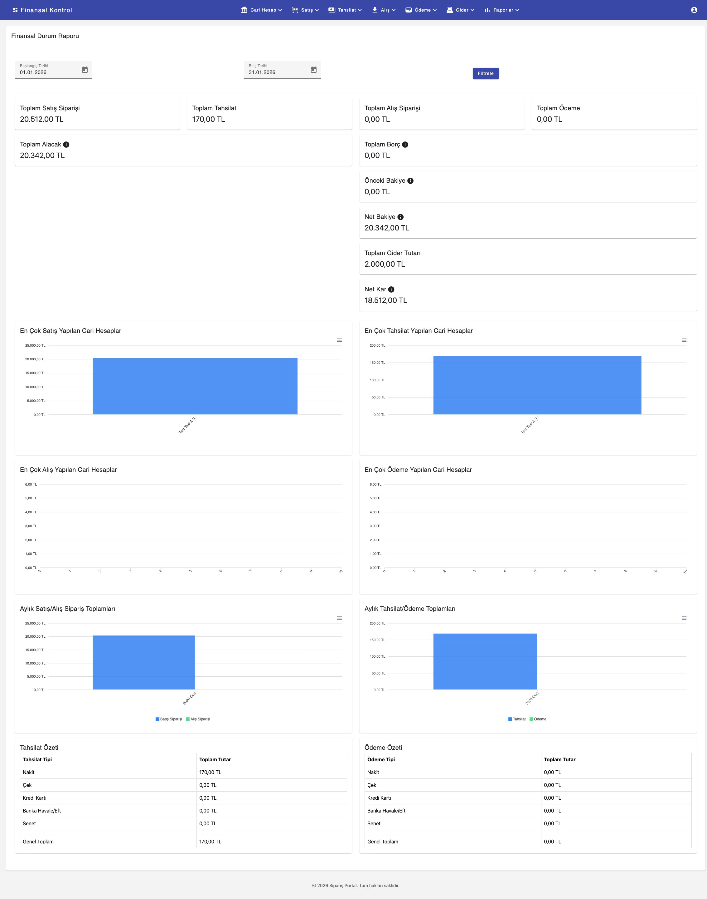 Finansal Durum Rapor ekranı