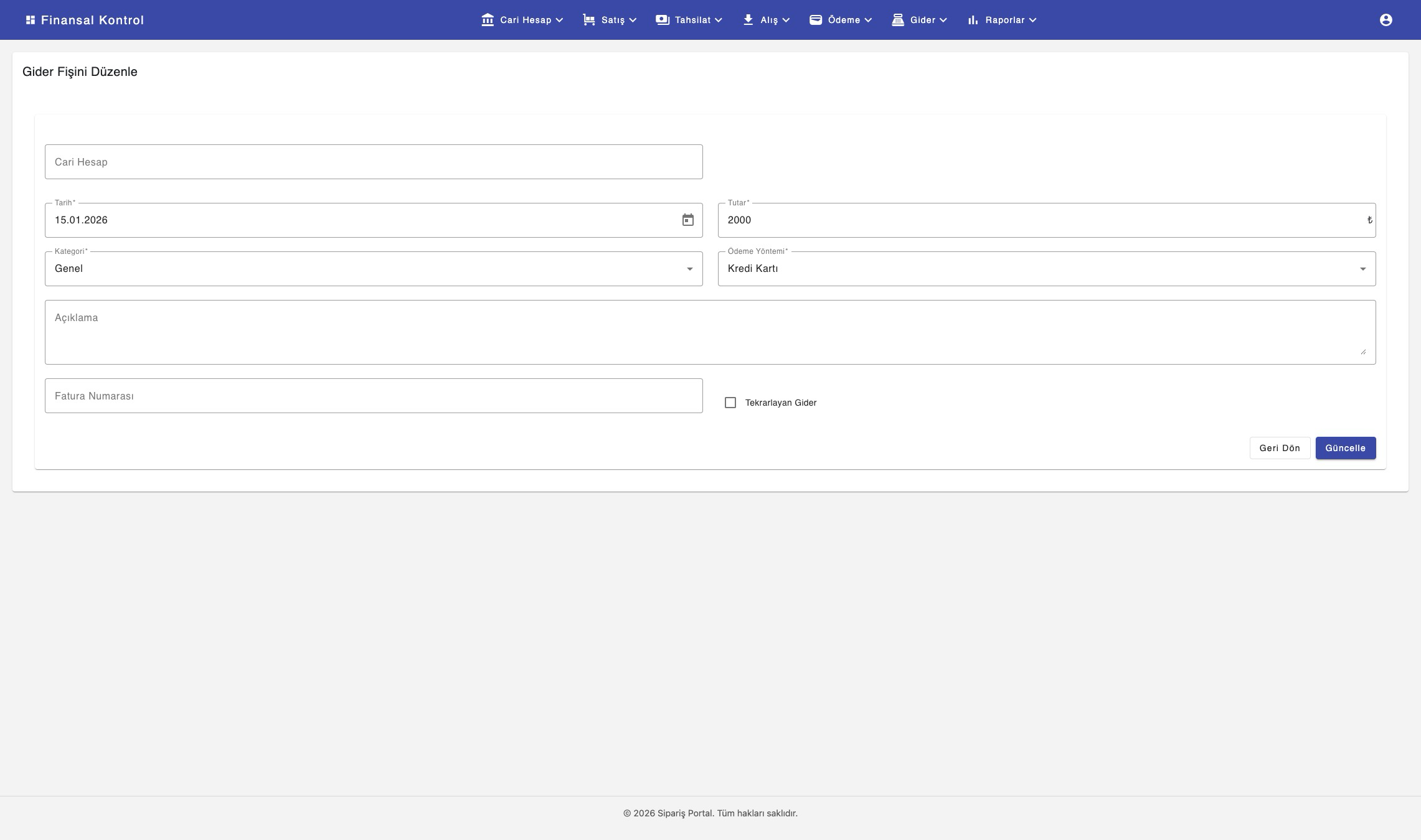 Gider Kayıt ekranı