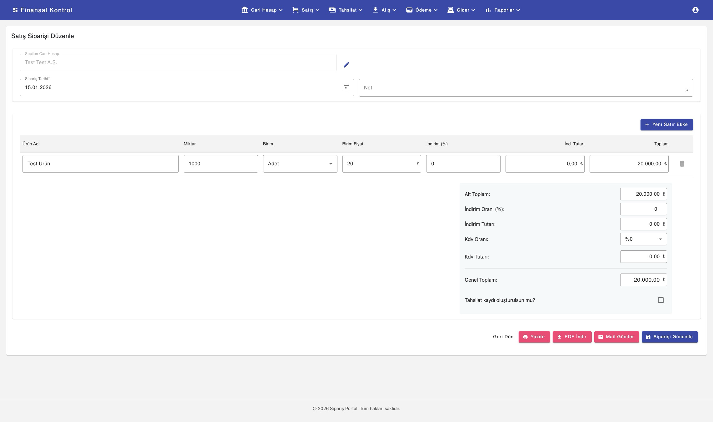 Sipariş Girişi ekranı